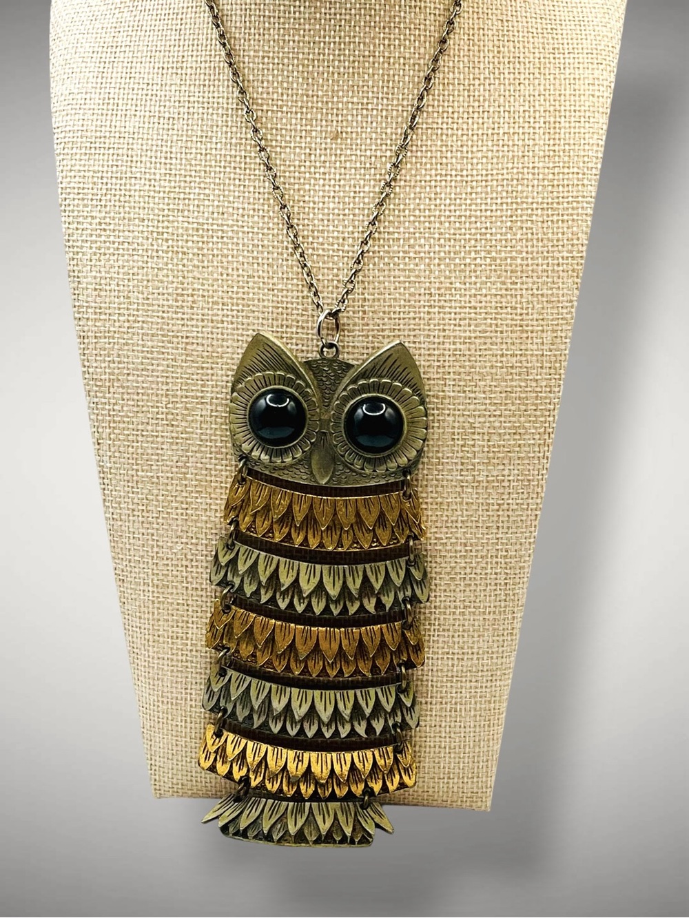 Vintage Articulated Owl Pendant Necklace Retro Statement Two Tone Metal Boho
